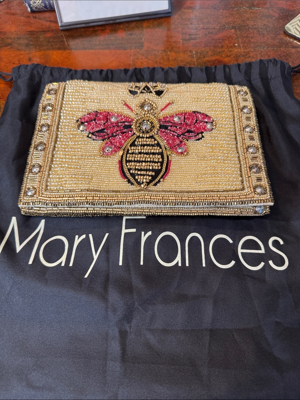 Mary Frances “Buzzed” Gold Beaded Bee Clutch with Pink Wings
